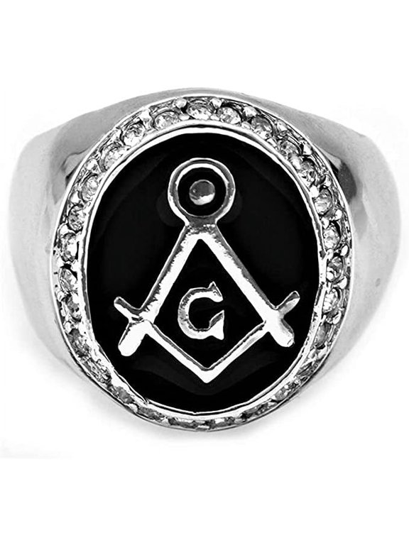 Hip-Hop CZ Silver Tone Mason Masonic Black Enamel Men's Ring Size 7 #3