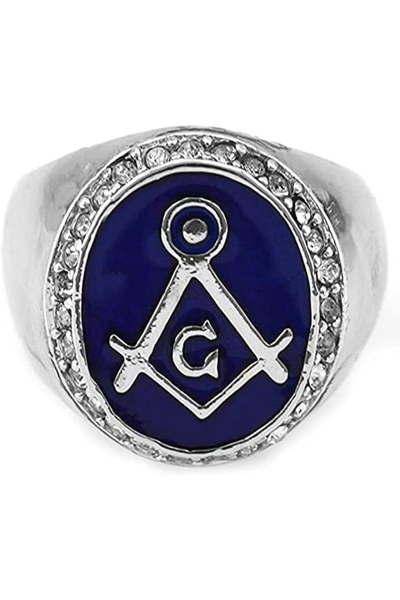 Hip-Hop CZ Silver Tone Mason Masonic Blue Enamel Men's Ring Size 10 #3