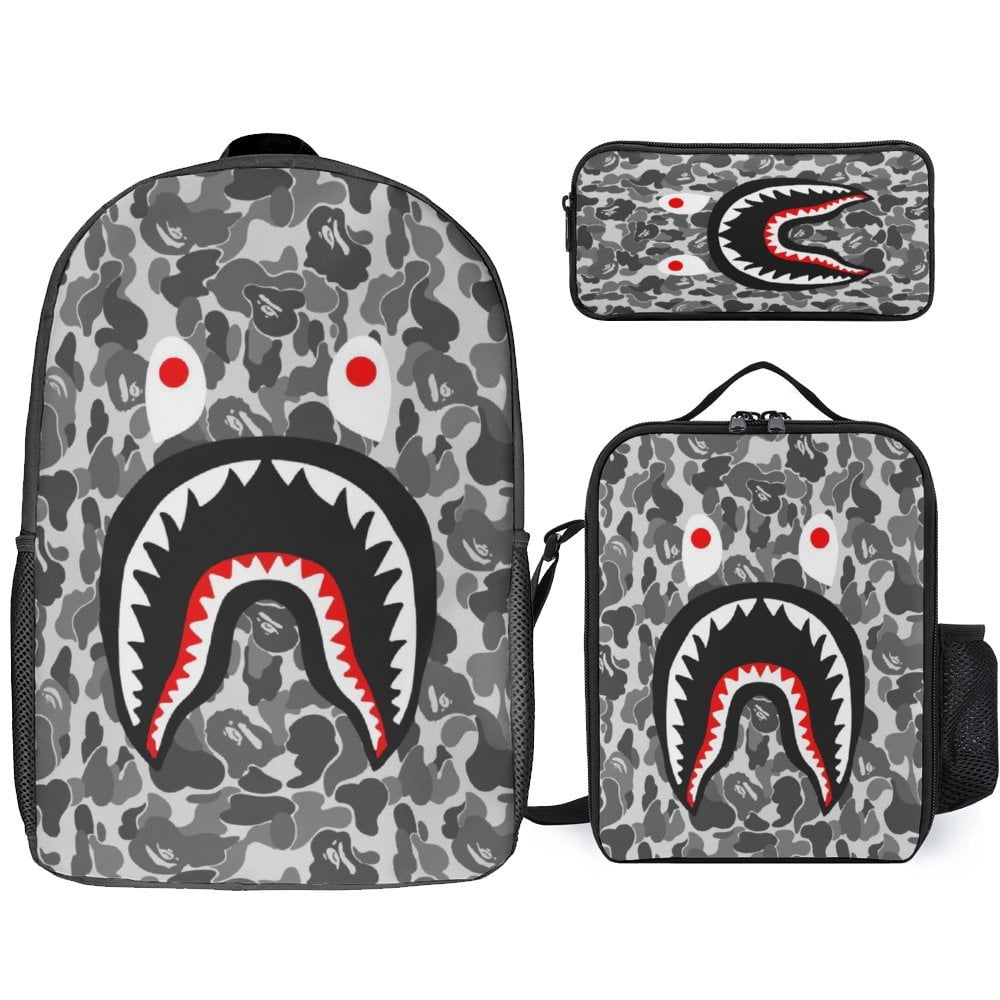 Hip Hop Camouflage Bape Shark Backpack Set Cartoon Backpacks with ...