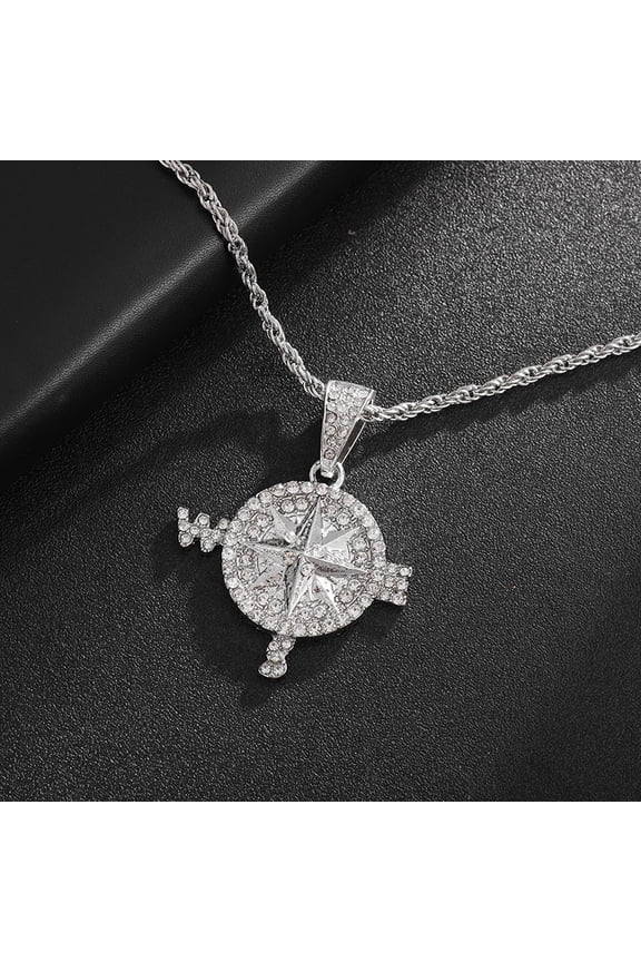 Hip Hop Copper Compass Pendant Round Pendant Necklace Men's and Women's Long Chain Rock Necklace Pendants