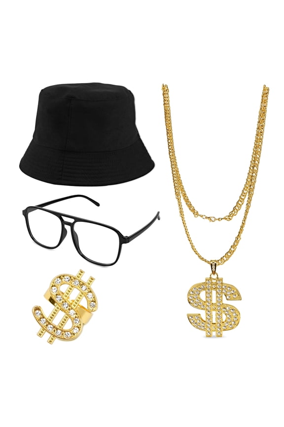 Retro 80s 90s Fashion Jewelry Set, Vintage Style Sunglasses Chain Necklace Hoop Earrings, Gold Tone Accessories for Women Men