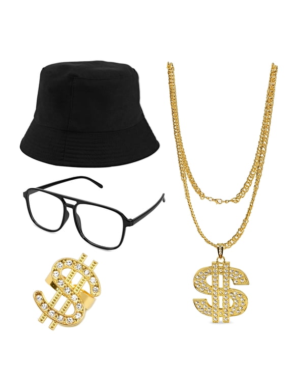 Retro 80s 90s Fashion Jewelry Set, Vintage Style Sunglasses Chain Necklace Hoop Earrings, Gold Tone Accessories for Women Men