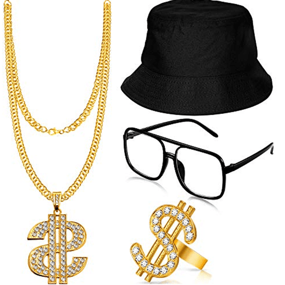 Hip Hop Costume Kit 80s 90s Rapper Accessories Outfit for Men Women Sunglass Hat Chain Ring Party Decoration