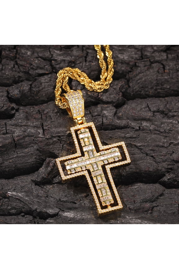 Hip Hop Cross 14K White Gold Pendant Necklace Full Paved Cubic Zircon Rope Chain Iced Out Bling CZ Women Men Jewelry