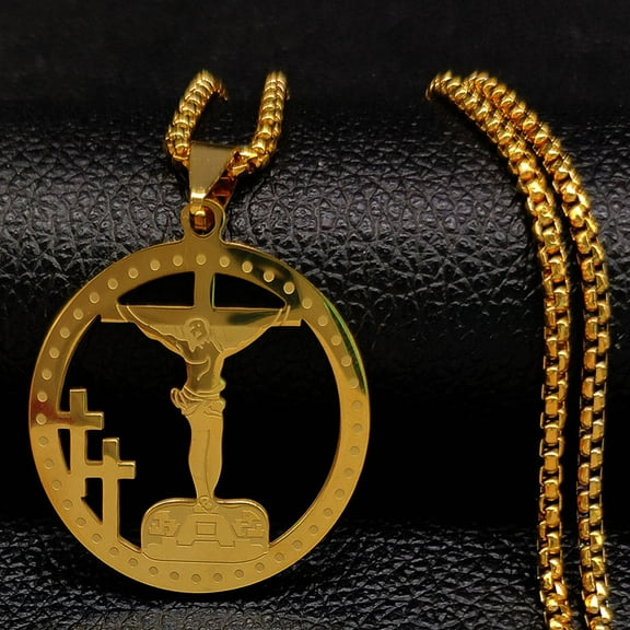 Hip Hop Cross Jesus 14K Yellow Gold Necklace Gold Color Long Crucifix Necklace Women/Men Jewelry