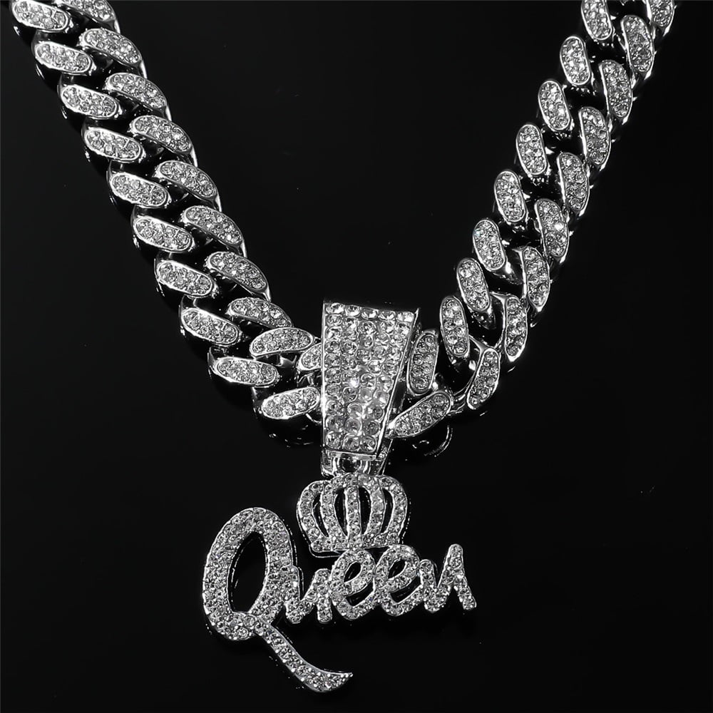 Hip Hop Crown QUEEN Letters Pendant Necklace 15mm Crystal Cuban Chain ...
