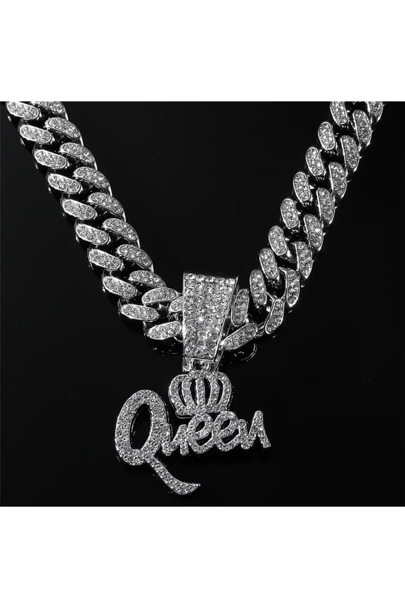 Hip Hop Crown QUEEN Letters Pendant Necklace 15mm Crystal Cuban Chain HipHop Iced Out Bling Necklaces Fashion Charm Jewelry