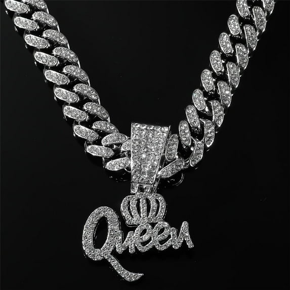 Hip Hop Crown QUEEN Letters Pendant Necklace 15mm Crystal Cuban Chain HipHop Iced Out Bling Necklaces Fashion Charm Jewelry