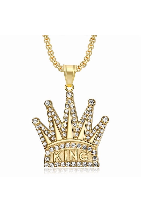 Hip Hop Crown With King 14K Yellow Gold Pendant Necklace Zircon Chain HipHop Punk Golden Silver Color Necklaces Fashion Charm Cosplay Jewelry