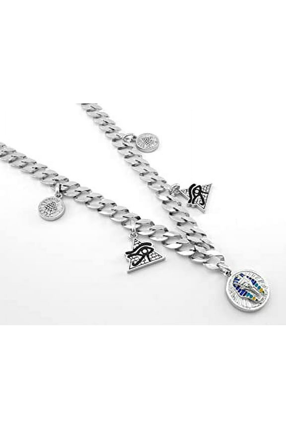 Hip Hop Cuban Chain Silver Tone King Tut Pharaoh / Eveil eye Necklace 30" Chain.