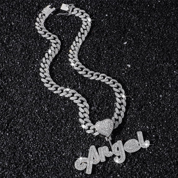 Hip Hop Cuban Chains English letter Angel Pendant Necklace With 13mm Miami Cuban Chain Iced Out Bling HipHop Necklaces Fashion Jewelry
