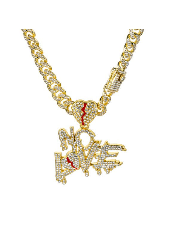 Hip Hop Cuban Chains Large Letters NO LOVE Pendant Necklace With 13mm Miami Cuban Chain Iced Out Bling HipHop Necklaces Fashion Jewelry