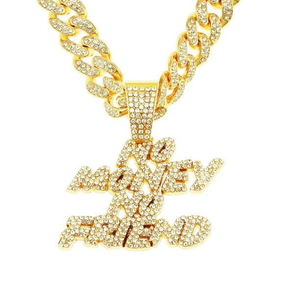 Hip Hop Cuban Chains Letters No Money No Friend Pendant Necklace With 13mm Miami Cuban Chain Iced Out Bling HipHop Necklaces Fashion Jewelry