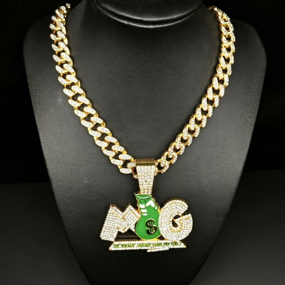 Hip Hop Cuban Chains MG Letter Green Money Bag Pendant Necklace With 13mm Miami Cuban Chain Iced Out Bling HipHop Necklaces Fashion Jewelry