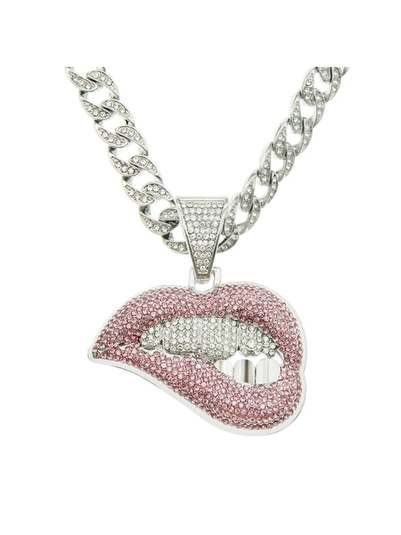 Hip Hop Cuban Chains Pink Lips Pendant Necklace With 13mm Miami Cuban Chain Iced Out Bling HipHop Necklaces Fashion Jewelry