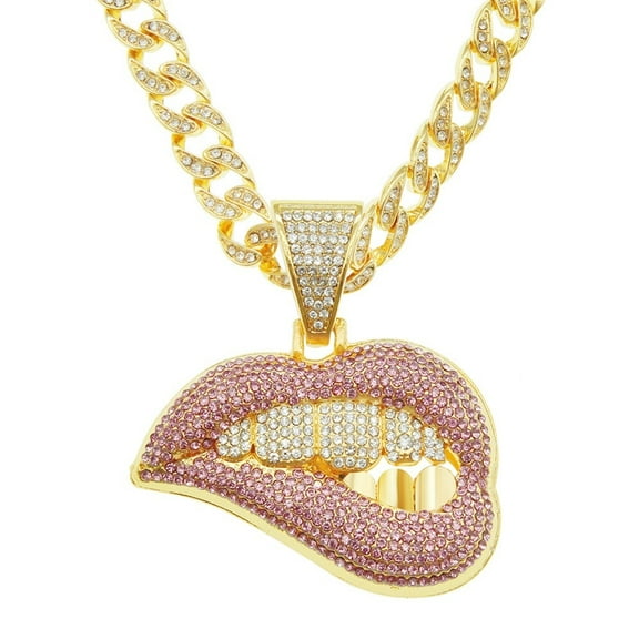 Hip Hop Cuban Chains Pink Lips Pendant Necklace With 13mm Miami Cuban Chain Iced Out Bling HipHop Necklaces Fashion Jewelry