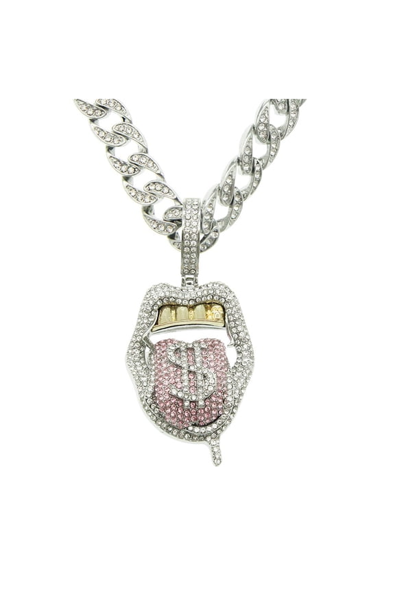 Hip Hop Cuban Chains Pink Tongue Pendant Necklace With 13mm Miami Cuban Chain Iced Out Bling HipHop Necklaces Fashion Jewelry
