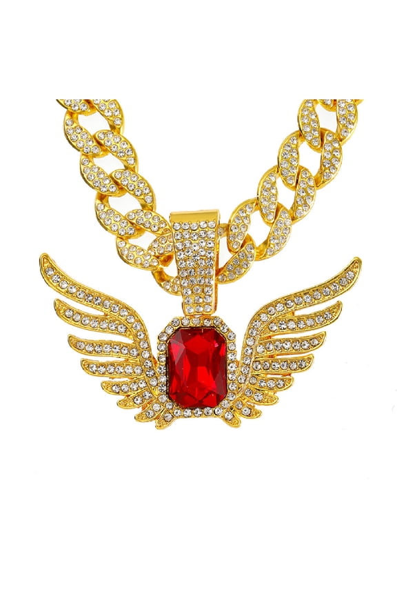 Hip Hop Cuban Chains Red Gemstone Wing Pendant Diamond Cuban Necklace for Men and Women 15mm Necklaces Jewelry Iced Out Bling Chain