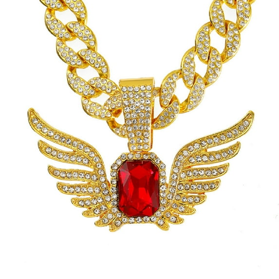Hip Hop Cuban Chains Red Gemstone Wing Pendant Diamond Cuban Necklace for Men and Women 15mm Necklaces Jewelry Iced Out Bling Chain
