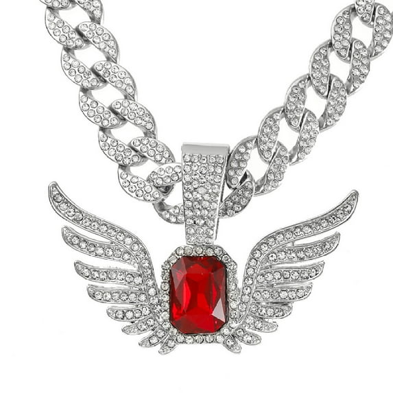 Hip Hop Cuban Chains Red Gemstone Wing Pendant Diamond Cuban Necklace for Men and Women 15mm Necklaces Jewelry Iced Out Bling Chain