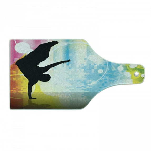 Hip Hop Cutting Board, Illustration of Breakdancer on Hand Stand with Colorful Funky Disco Background, Decorative Tempered Glass Cutting and Serving Board, Wine Bottle Shape, Multicolor, by Ambesonne