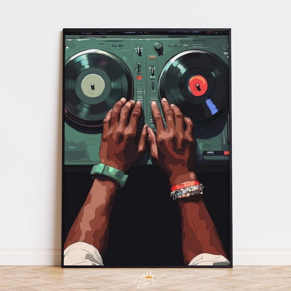 Hip Hop DJ Green Vinyl Turntable Wall Art Print, Unframed Paper Poster 8x10in