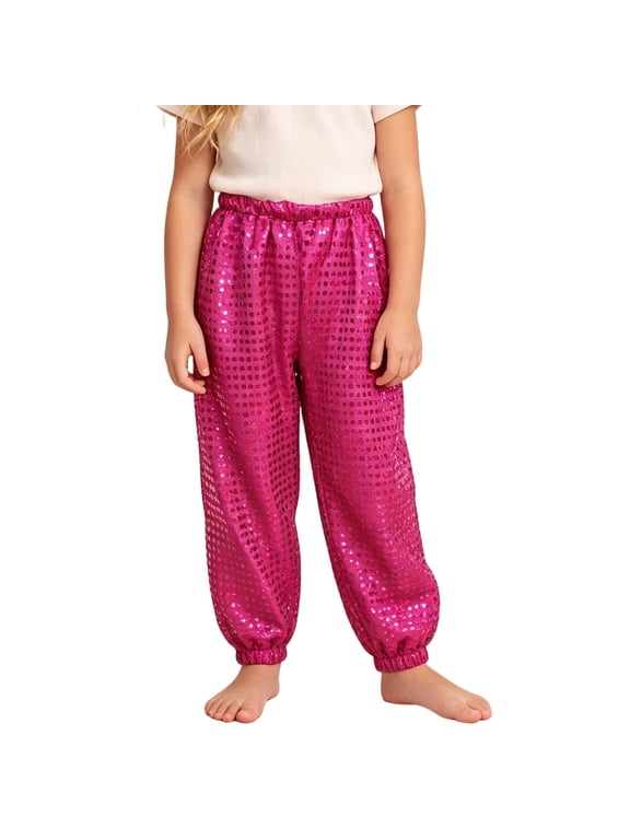 Hip Hop Dance Pants for Kids Sequin Sparkly Loose Fit Streetwear Trousers Perfect for Performances and Casual Hot Pink 7-8Years