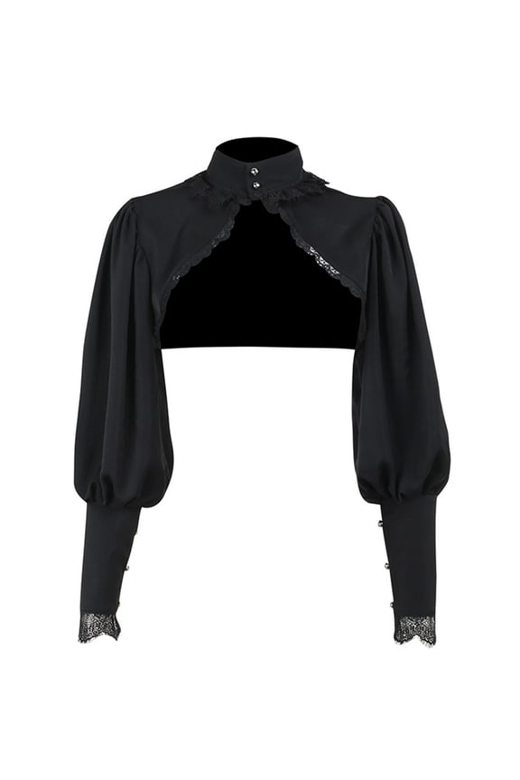 Hip-Hop Dance Punk-Crop Top Hoodies Black Sleeve Hoodie Sweatshirt High Collar Lace Shawl Top with Sleeve Women