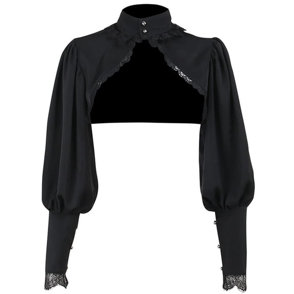 Hip-Hop Dance Punk-Crop Top Hoodies Black Sleeve Hoodie Sweatshirt High Collar Lace Shawl Top with Sleeve Women