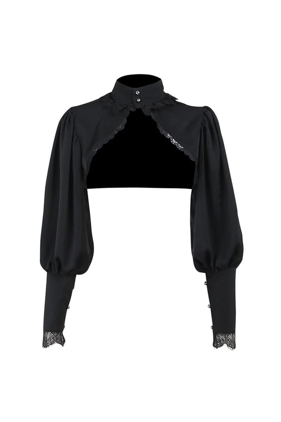 Hip-Hop Dance Punk-Crop Top Hoodies Black Sleeve Hoodie Sweatshirt High Collar Lace Shawl Top with Sleeve Women