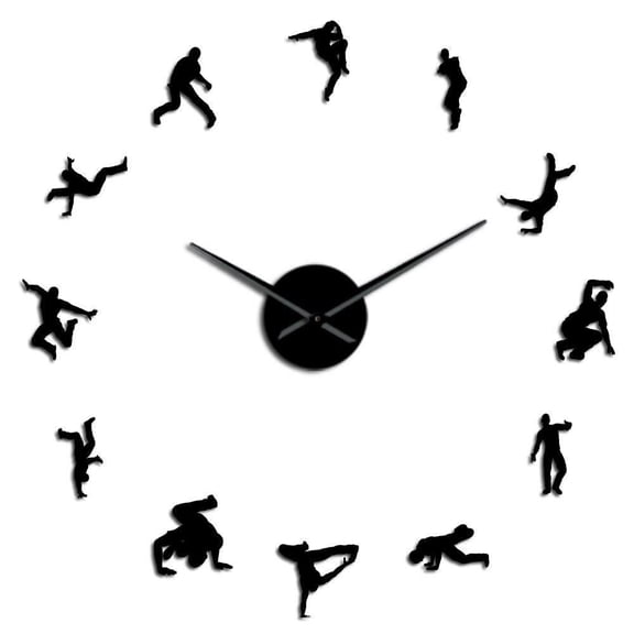 Hip Hop Dancers Silhouette Wall Art Sticker DIY Wall Clock Contemporary Break Street Dance Dancing Studio Decor Mute Clock Watch(Black,27inch)