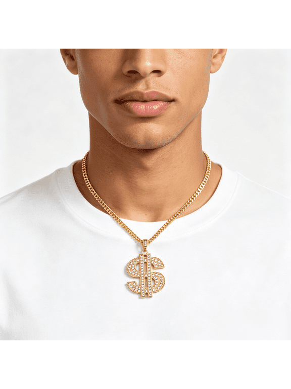 HipHop Dollar Sign Money Pendant Necklace for Men Women, 14K Gold Filled Cuban Chain Urban StreetStyle Jewelry
