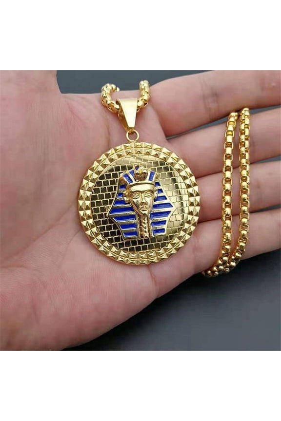 Hip Hop Egyptian Pharaoh Pendant Necklace for Men 14K Yellow Gold Round Necklace Egypt Jewelry J047