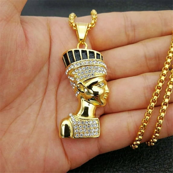 Hip Hop Egyptian Queen Nefertiti Pendant Necklaces for Women Jewelry 14K Yellow Gold Jewellery