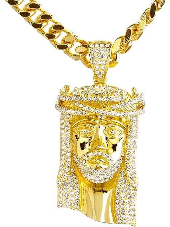 Hip Hop Fashion Iced Out Rapper 14K Gold Plated Iced Jesus Pendant 30" Heavy Cuban Chain Necklace HC 6003 G