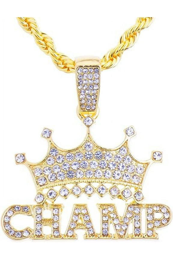 Hip Hop Fashion Iced Rapper King Crown CHAMP Bling Pendant 20" 14k Gold Plated Rope Chain HC 1292 G (20" Rope Chain)