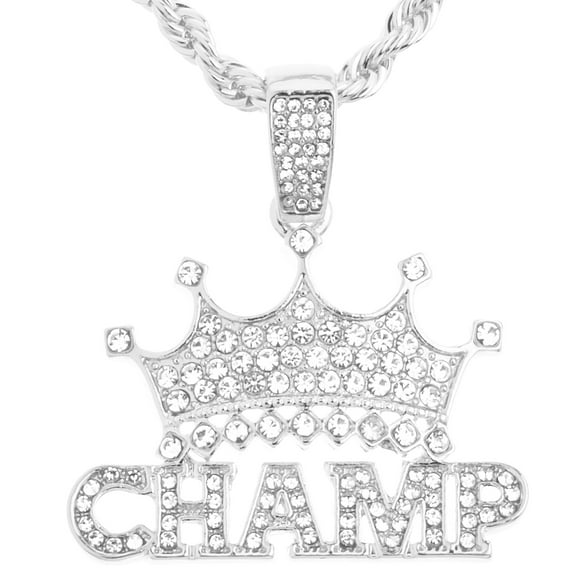 Hip Hop Fashion Iced Rapper King Crown CHAMP Bling Pendant 20" Silver Plated Rope Chain HC 1292 S (20" Rope Chain)