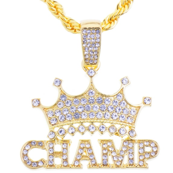 Hip Hop Fashion Iced Rapper King Crown CHAMP Bling Pendant 24" 14k Gold Plated Rope Chain HC 1292 G (24" Rope Chain)