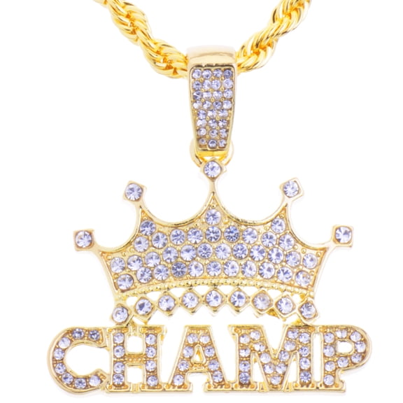 Hip Hop Fashion Iced Rapper King Crown CHAMP Bling Pendant 24" 14k Gold Plated Rope Chain HC 1292 G (24" Rope Chain)