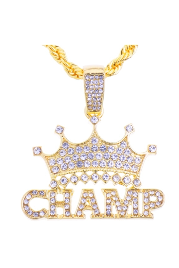 Hip Hop Fashion Iced Rapper King Crown CHAMP Bling Pendant 24" 14k Gold Plated Rope Chain HC 1292 G (24" Rope Chain)