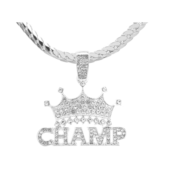 Hip Hop Fashion Iced Rapper King Crown CHAMP Bling Pendant 24" Silver Plated Miami Cuban Chain MCP 1292 S