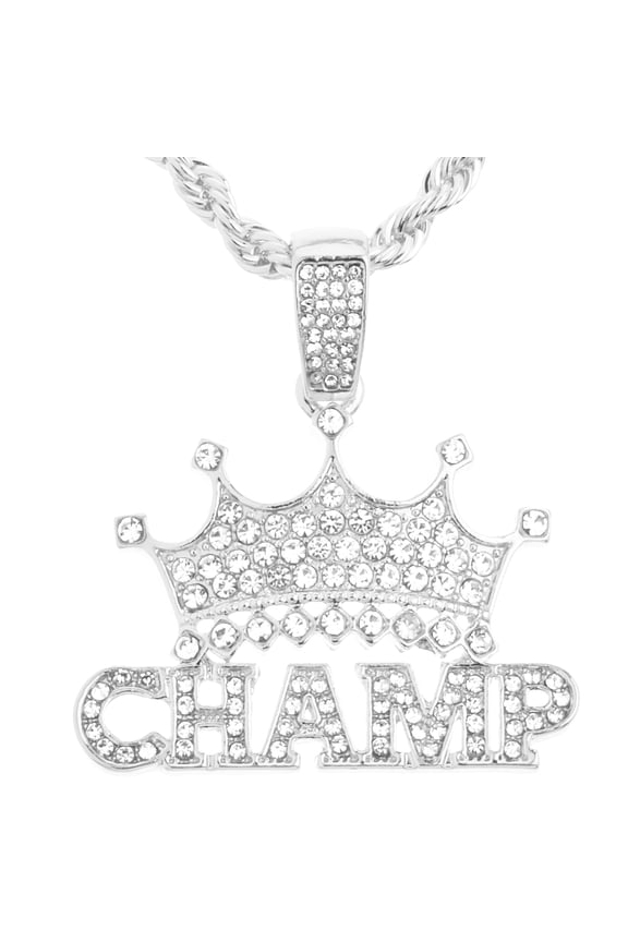 Hip Hop Fashion Iced Rapper King Crown CHAMP Bling Pendant 24" Silver Plated Rope Chain HC 1292 S (24" Rope Chain)