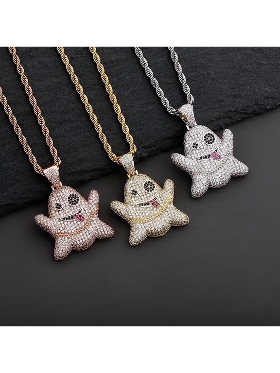 Hip Hop Frozen Ghost Pendant Necklace, Copper with Zirconia,Gold/Silver/Rose Gold, Miami Cuban Chain Halloween Easter Christmas Jewelry for Men/Women