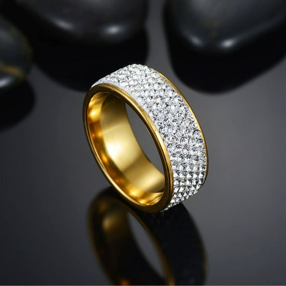Hip Hop Full Rhinestone Bling Iced Out Wedding Rings 14K Yellow Gold Rings For Men Women Jewelry