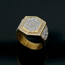 Hip Hop Full Rhinestone Larger Finger Rings for Men Shiny 14K Yellow Gold Cocktail Ring Gift Party Jewelry