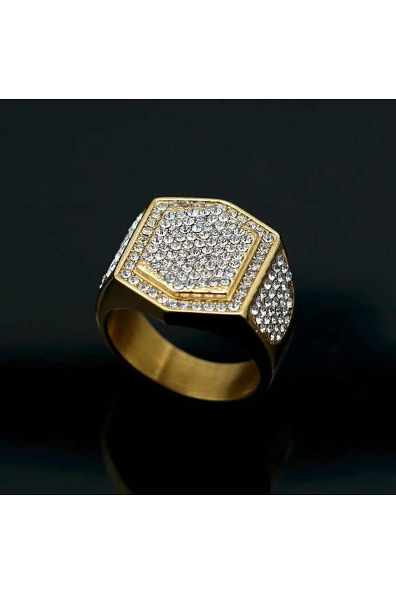 Hip Hop Full Rhinestone Larger Finger Rings for Men Shiny 14K Yellow Gold Cocktail Ring Gift Party Jewelry