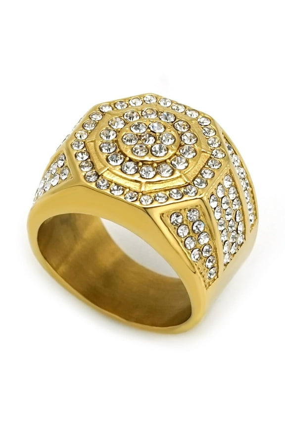 Hip Hop Full Rhinestone Larger Finger Rings for Men Shiny 14K Yellow Gold Cocktail Ring Gift Party Jewelry