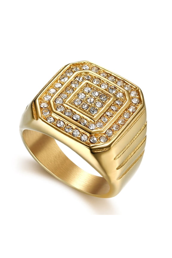 Hip Hop Geometric CZ Big Rings Men's Gold Color Iced Out Cubic Zircon Bling 14K Yellow Gold Jewelry Ring Gifts
