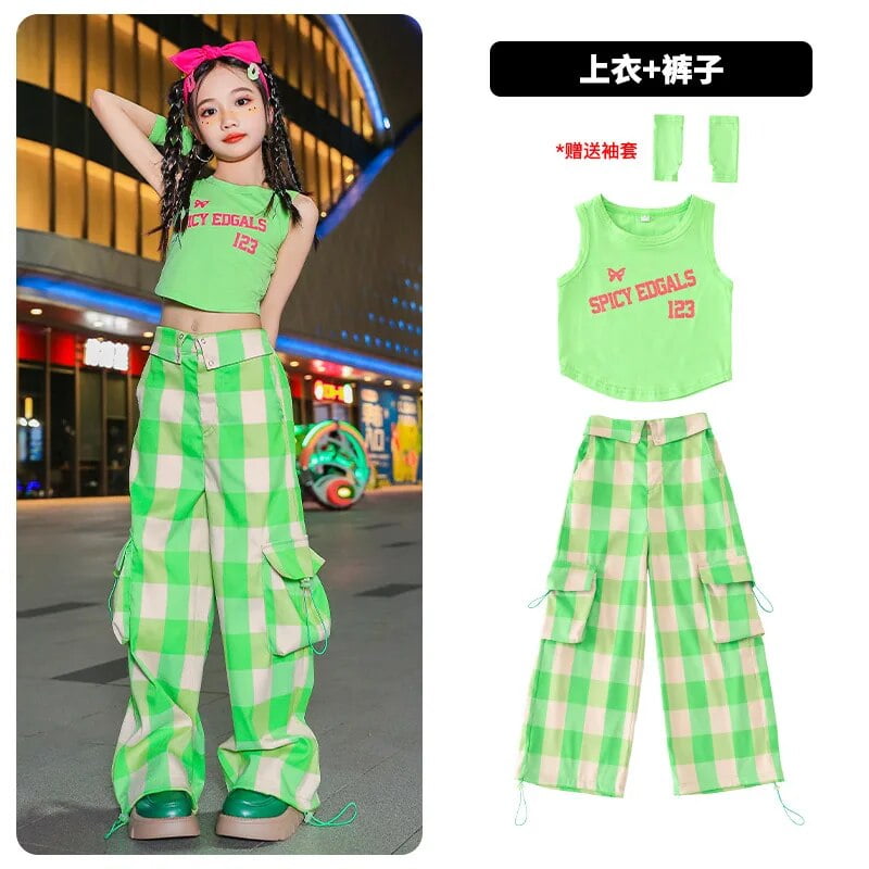 Hip Hop Girls Crop Top Sweet Cargo Pants Child Plaid Joggers