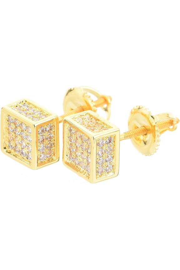 Hip Hop Gold Silver Tone 6 mm Iced Square Bling Screw Back Stud Earrings BE 069 Gold